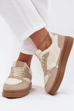 Damskie Boto Sneakersy Damskie Na Platformie Z Futerkiem Typu Baranek Beżowe Frelina