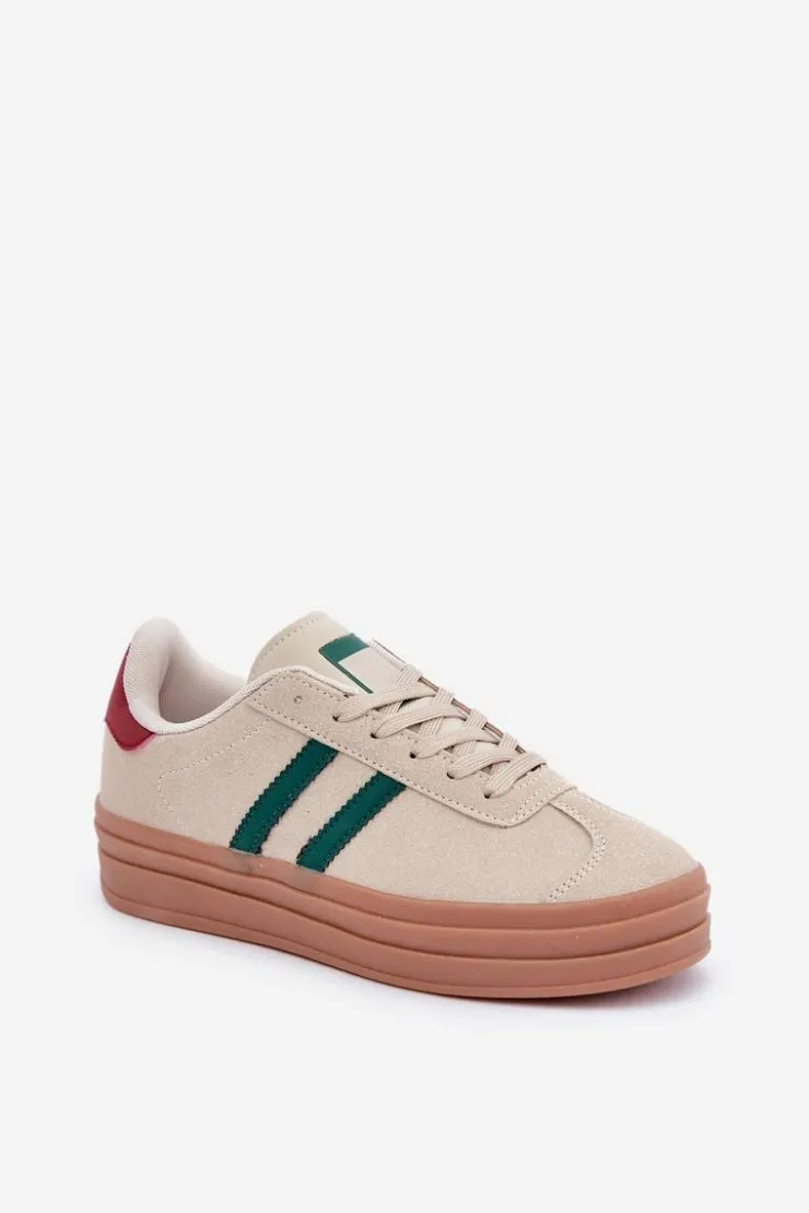 Outlet Boto Sneakersy Damskie Na Platformie Beżowo-Zielone Egelia