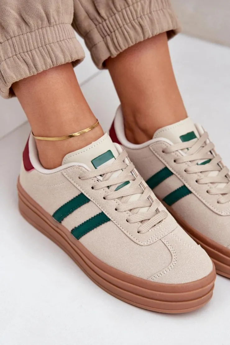 Outlet Boto Sneakersy Damskie Na Platformie Beżowo-Zielone Egelia