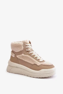 Clearance Lee Cooper Sneakersy Damskie Na Platformie Z Futerkiem Typu Baranek LCJ-24-47-3146 Beżowe