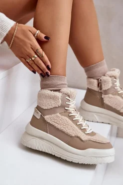 Clearance Lee Cooper Sneakersy Damskie Na Platformie Z Futerkiem Typu Baranek LCJ-24-47-3146 Beżowe