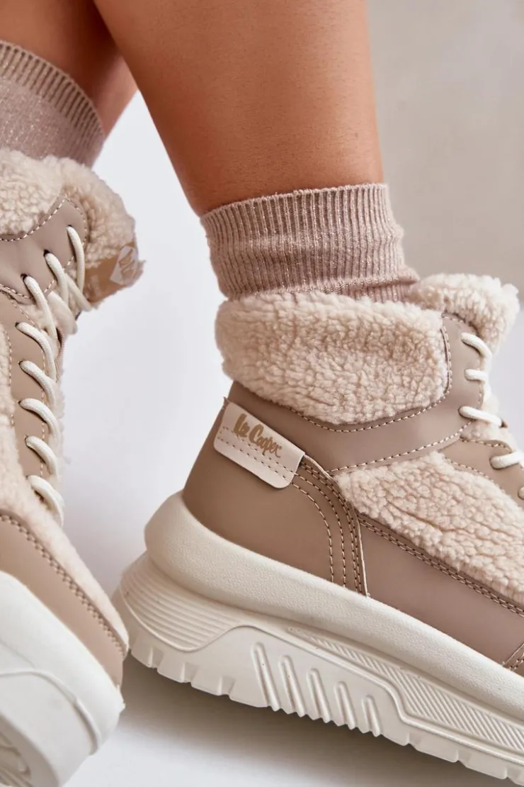 Clearance Lee Cooper Sneakersy Damskie Na Platformie Z Futerkiem Typu Baranek LCJ-24-47-3146 Beżowe