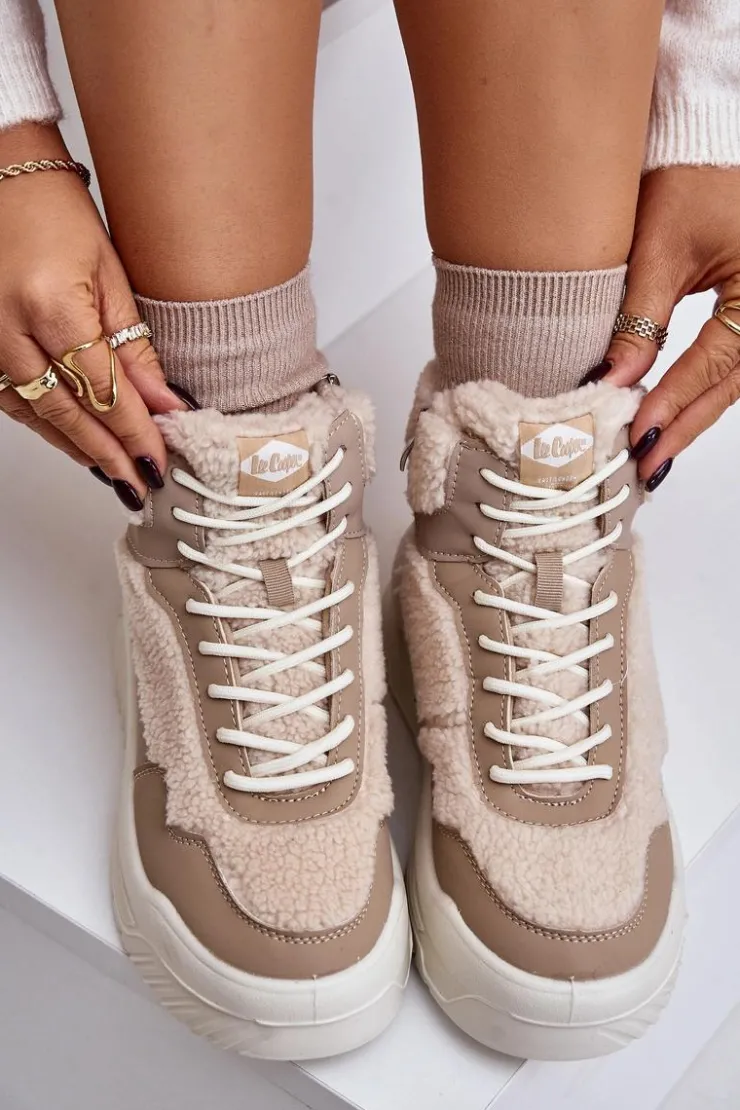 Clearance Lee Cooper Sneakersy Damskie Na Platformie Z Futerkiem Typu Baranek LCJ-24-47-3146 Beżowe