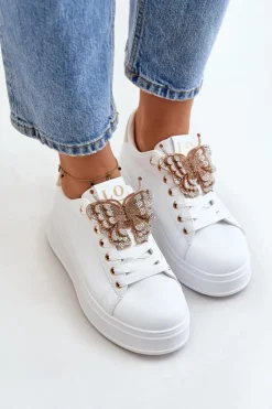 Online Boto Sneakersy Damskie Na Platformie Z Motylem Biało-Złote Naritevia Biały