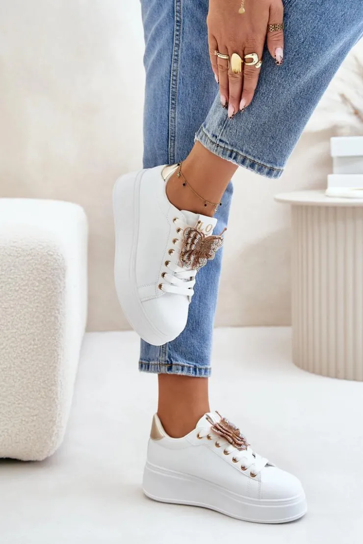 Online Boto Sneakersy Damskie Na Platformie Z Motylem Biało-Złote Naritevia Biały