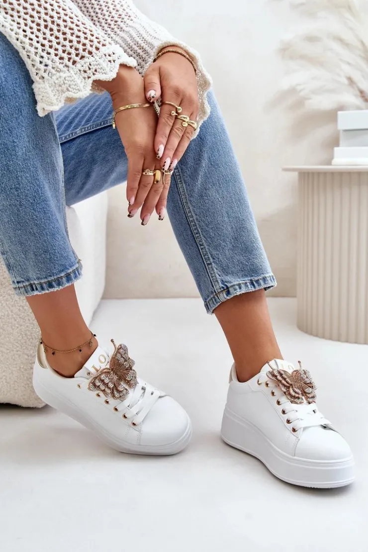 Online Boto Sneakersy Damskie Na Platformie Z Motylem Biało-Złote Naritevia Biały