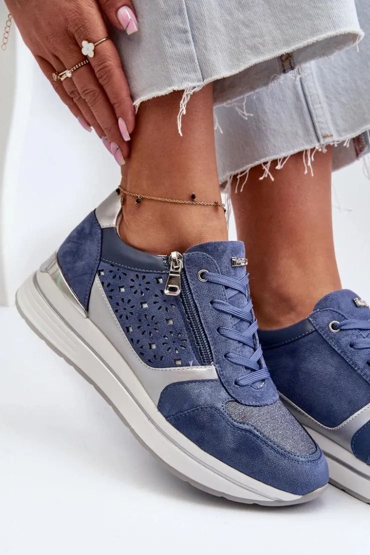 Damskie INBLU Sneakersy Damskie Na Platformie Z Ażurowym Wzorem I Brokatem IN000372 Niebieskie
