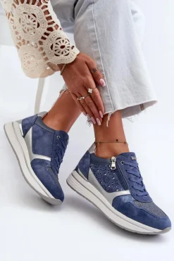 Damskie INBLU Sneakersy Damskie Na Platformie Z Ażurowym Wzorem I Brokatem IN000372 Niebieskie