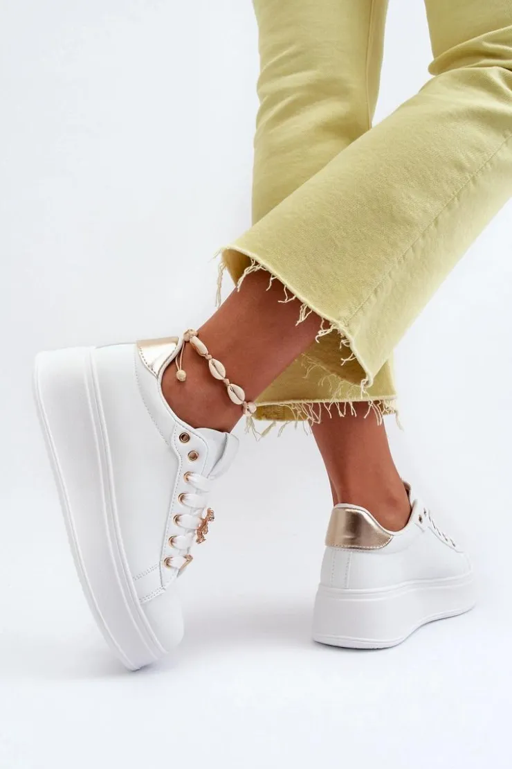 Clearance Boto Sneakersy Damskie Na Platformie Z Przypinkami Eko Skóra Białe Cavisa