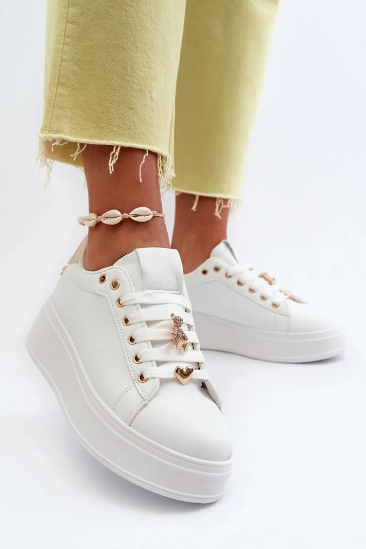 Clearance Boto Sneakersy Damskie Na Platformie Z Przypinkami Eko Skóra Białe Cavisa