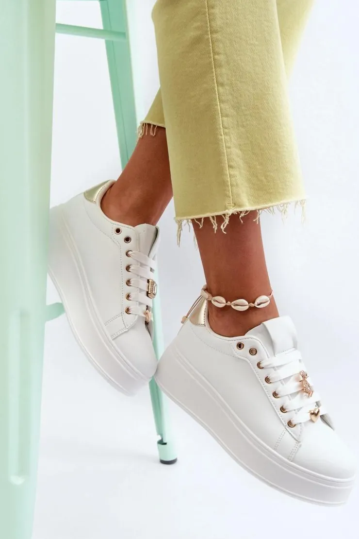 Clearance Boto Sneakersy Damskie Na Platformie Z Przypinkami Eko Skóra Białe Cavisa