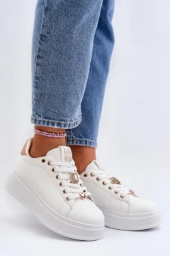 Damskie Boto Sneakersy Damskie Na Platformie Z Ozdobami Białe Herbisa