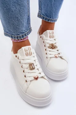 Damskie Boto Sneakersy Damskie Na Platformie Z Ozdobami Białe Herbisa