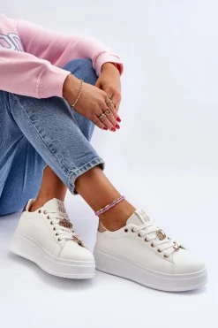 Damskie Boto Sneakersy Damskie Na Platformie Z Ozdobami Białe Herbisa