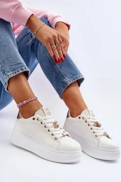 Damskie Boto Sneakersy Damskie Na Platformie Z Ozdobami Białe Herbisa