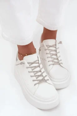 Boto Buty Sportowe Na Platformie|Sneakersy Damskie*Sneakersy Damskie Na Platformie Z Ozdobnym Sznurowaniem I Brokatem Białe Belmira