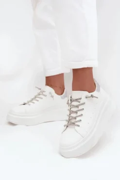 Boto Buty Sportowe Na Platformie|Sneakersy Damskie*Sneakersy Damskie Na Platformie Z Ozdobnym Sznurowaniem I Brokatem Białe Belmira
