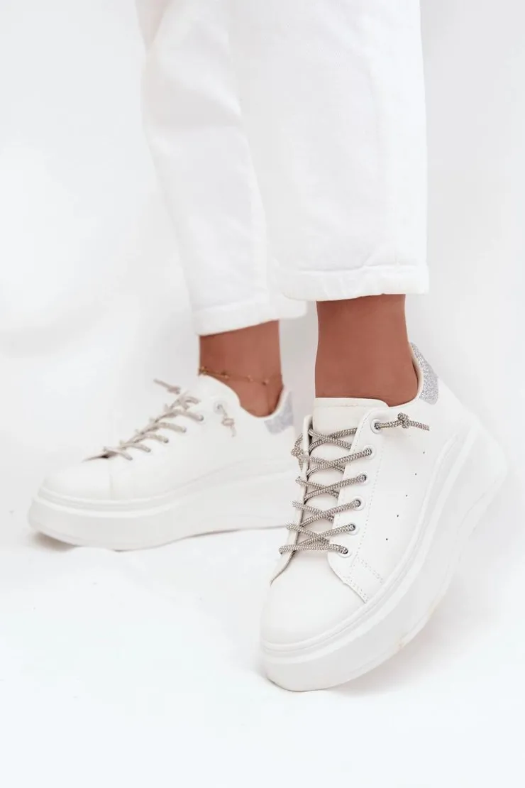 Boto Buty Sportowe Na Platformie|Sneakersy Damskie*Sneakersy Damskie Na Platformie Z Ozdobnym Sznurowaniem I Brokatem Białe Belmira