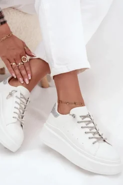 Boto Buty Sportowe Na Platformie|Sneakersy Damskie*Sneakersy Damskie Na Platformie Z Ozdobnym Sznurowaniem I Brokatem Białe Belmira