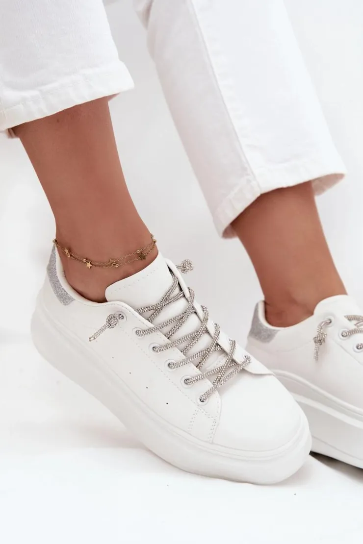 Boto Buty Sportowe Na Platformie|Sneakersy Damskie*Sneakersy Damskie Na Platformie Z Ozdobnym Sznurowaniem I Brokatem Białe Belmira
