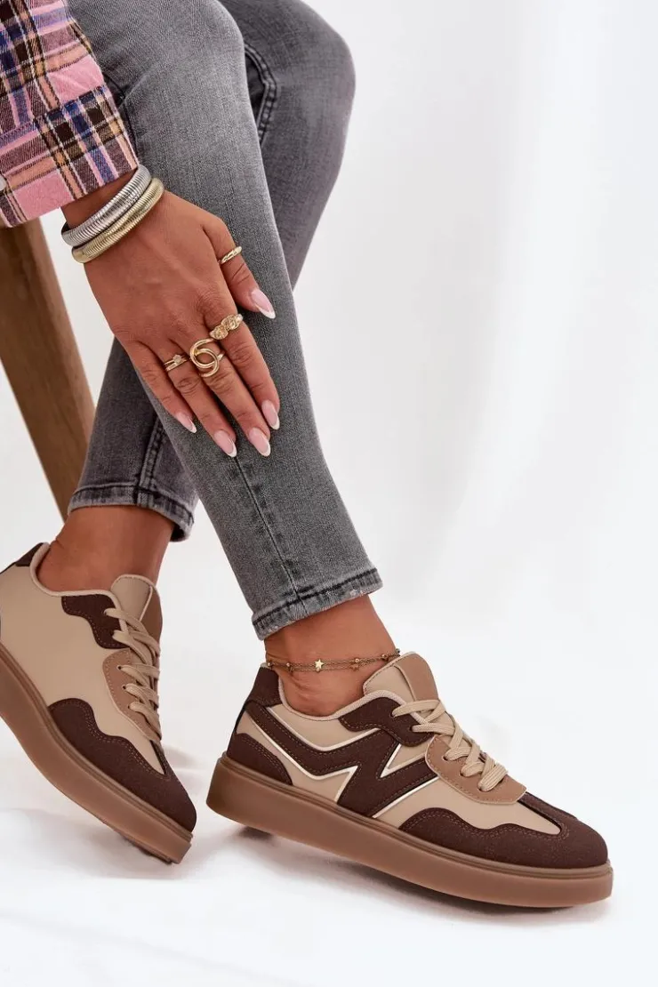 Clearance Boto Sneakersy Damskie Niskie Eko Skórzane Brązowe Givelle Brązowy