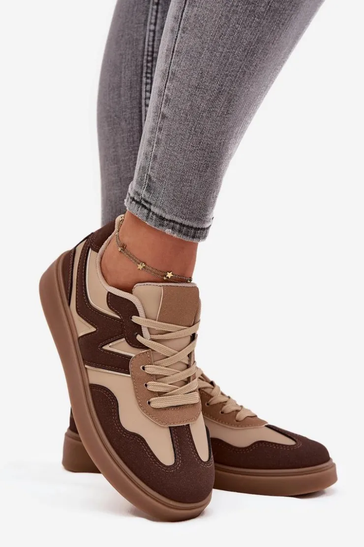 Clearance Boto Sneakersy Damskie Niskie Eko Skórzane Brązowe Givelle Brązowy