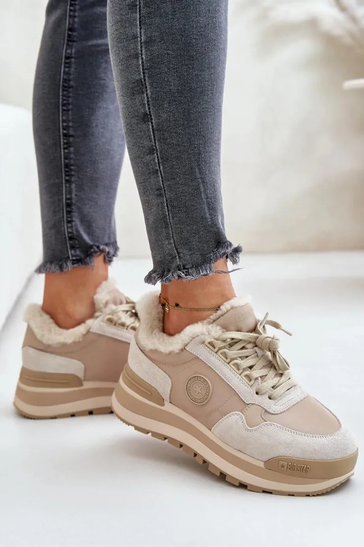 Big Star Shoes Buty Sportowe Big Star|Sneakersy Damskie*Sneakersy Damskie Ocieplane Na Platformie Big Star OO274A214 Beżowe