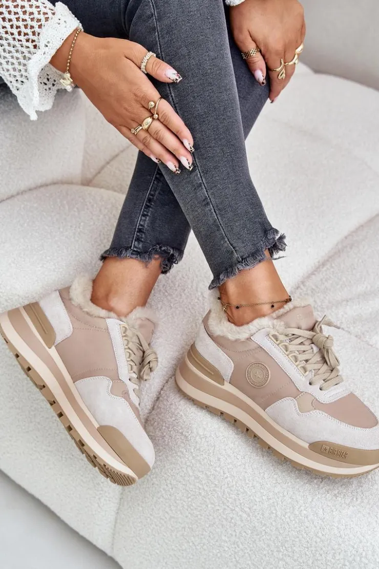 Big Star Shoes Buty Sportowe Big Star|Sneakersy Damskie*Sneakersy Damskie Ocieplane Na Platformie Big Star OO274A214 Beżowe