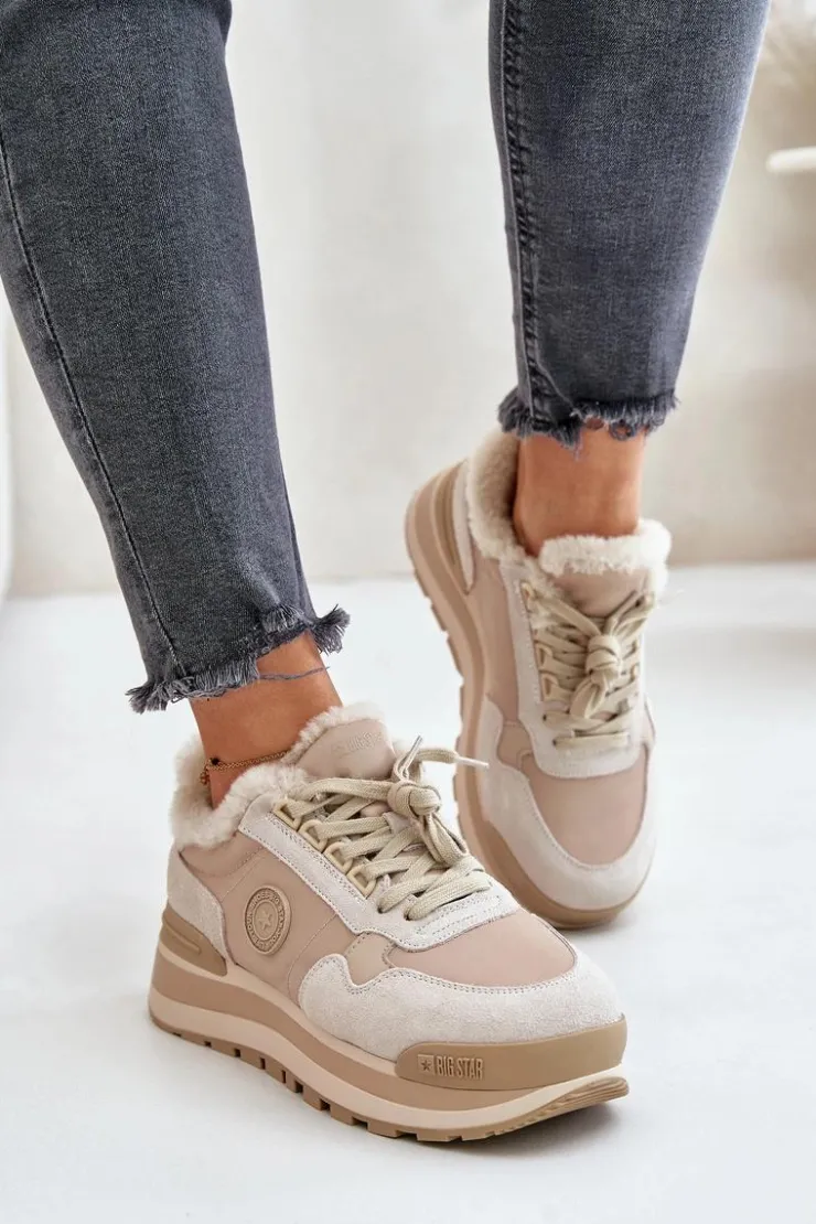 Big Star Shoes Buty Sportowe Big Star|Sneakersy Damskie*Sneakersy Damskie Ocieplane Na Platformie Big Star OO274A214 Beżowe