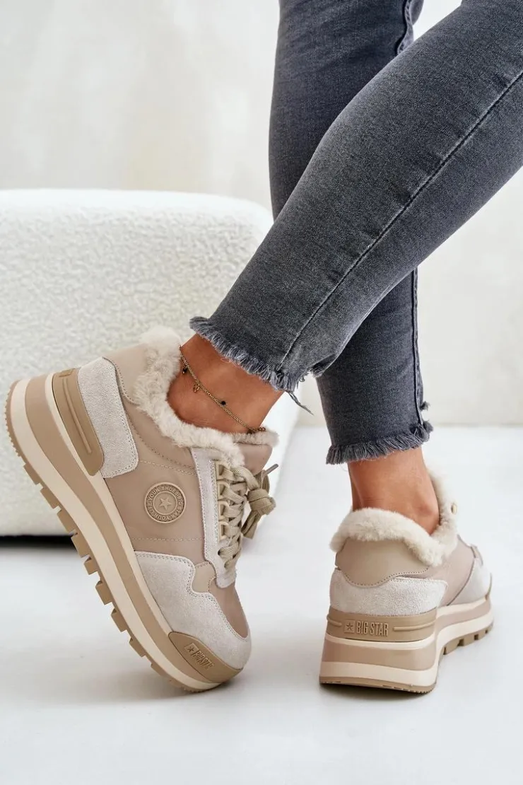 Big Star Shoes Buty Sportowe Big Star|Sneakersy Damskie*Sneakersy Damskie Ocieplane Na Platformie Big Star OO274A214 Beżowe