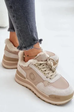 Big Star Shoes Buty Sportowe Big Star|Sneakersy Damskie*Sneakersy Damskie Ocieplane Na Platformie Big Star OO274A214 Beżowe