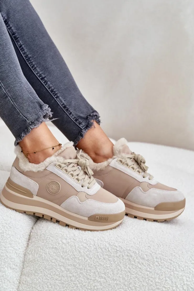 Big Star Shoes Buty Sportowe Big Star|Sneakersy Damskie*Sneakersy Damskie Ocieplane Na Platformie Big Star OO274A214 Beżowe
