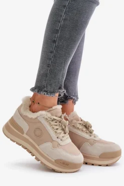 Big Star Shoes Buty Sportowe Big Star|Sneakersy Damskie*Sneakersy Damskie Ocieplane Na Platformie Big Star OO274A214 Beżowe