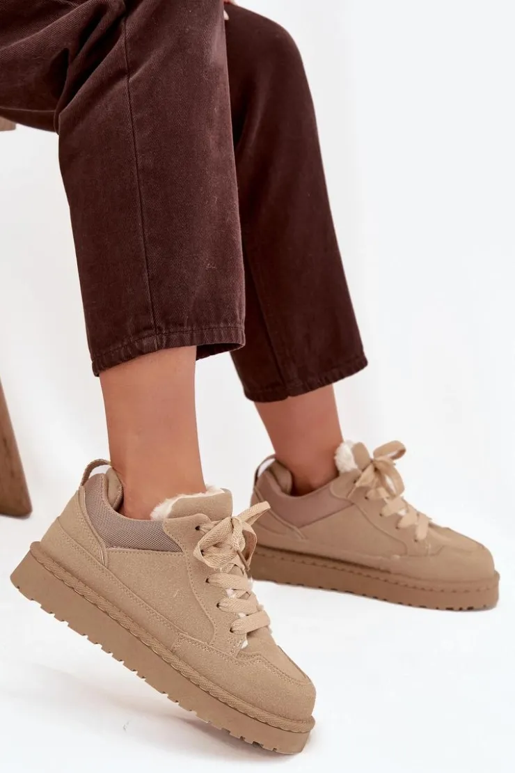 Outlet Boto Sneakersy Damskie Ocieplane Futerkiem Beżowe Cyrissa Beżowy