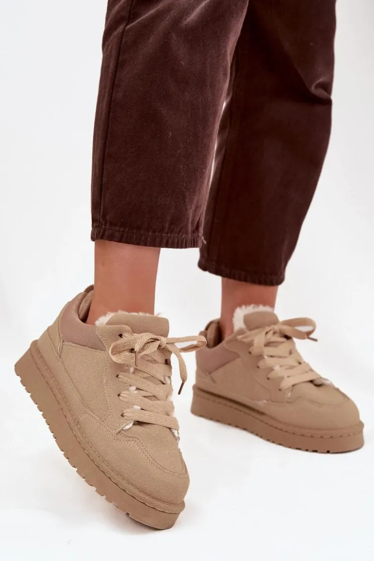 Outlet Boto Sneakersy Damskie Ocieplane Futerkiem Beżowe Cyrissa Beżowy
