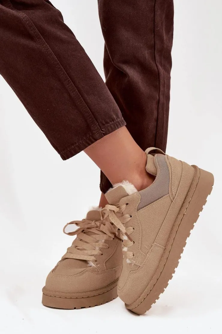 Outlet Boto Sneakersy Damskie Ocieplane Futerkiem Beżowe Cyrissa Beżowy