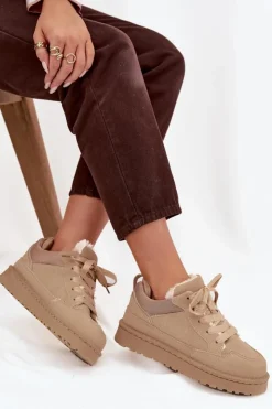 Outlet Boto Sneakersy Damskie Ocieplane Futerkiem Beżowe Cyrissa Beżowy