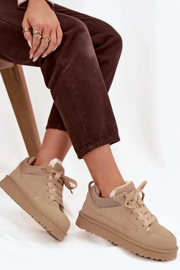 Outlet Boto Sneakersy Damskie Ocieplane Futerkiem Beżowe Cyrissa Beżowy