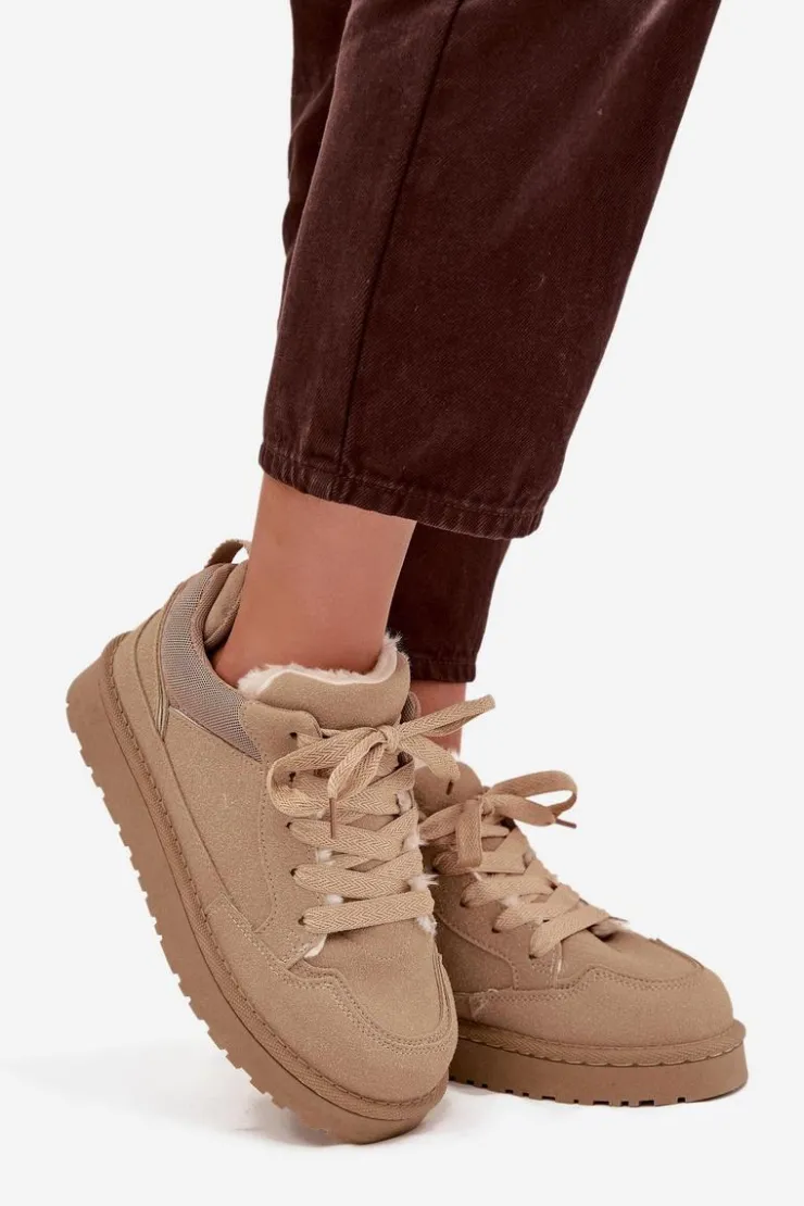 Outlet Boto Sneakersy Damskie Ocieplane Futerkiem Beżowe Cyrissa Beżowy