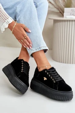 Online Boto Sneakersy Damskie Ocieplane Na Masywnej Podeszwie Ze Złotym Detalem Czarne Lotira