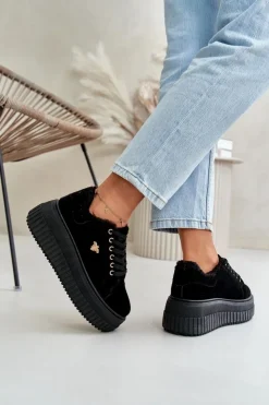 Online Boto Sneakersy Damskie Ocieplane Na Masywnej Podeszwie Ze Złotym Detalem Czarne Lotira