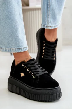 Online Boto Sneakersy Damskie Ocieplane Na Masywnej Podeszwie Ze Złotym Detalem Czarne Lotira