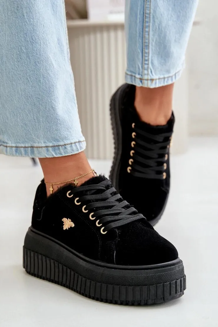 Online Boto Sneakersy Damskie Ocieplane Na Masywnej Podeszwie Ze Złotym Detalem Czarne Lotira