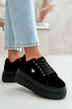 Online Boto Sneakersy Damskie Ocieplane Na Masywnej Podeszwie Ze Złotym Detalem Czarne Lotira