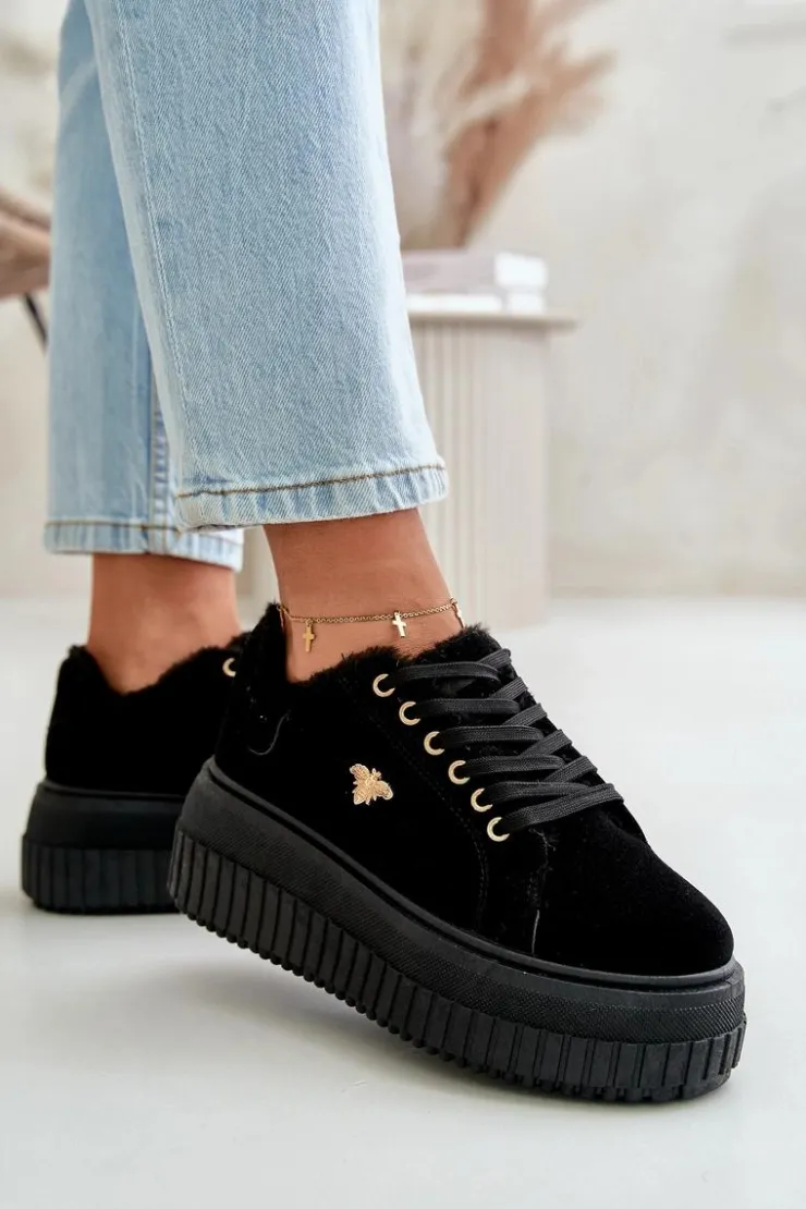 Online Boto Sneakersy Damskie Ocieplane Na Masywnej Podeszwie Ze Złotym Detalem Czarne Lotira