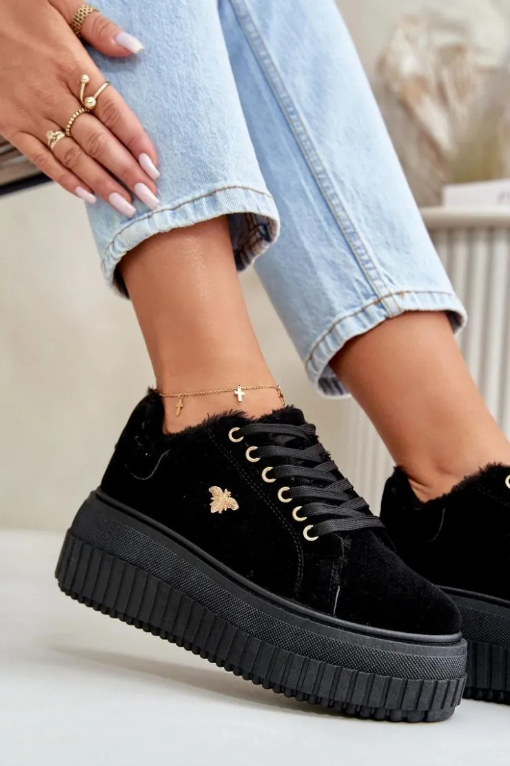 Online Boto Sneakersy Damskie Ocieplane Na Masywnej Podeszwie Ze Złotym Detalem Czarne Lotira