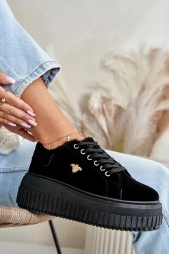 Online Boto Sneakersy Damskie Ocieplane Na Masywnej Podeszwie Ze Złotym Detalem Czarne Lotira
