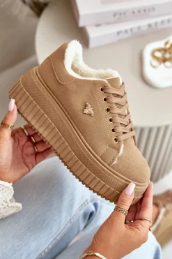 Damskie Boto Sneakersy Damskie Ocieplane Na Masywnej Podeszwie Ze Złotym Detalem Brązowe Lotira