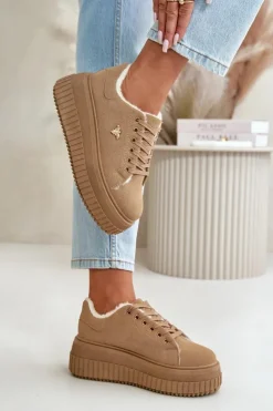 Damskie Boto Sneakersy Damskie Ocieplane Na Masywnej Podeszwie Ze Złotym Detalem Brązowe Lotira