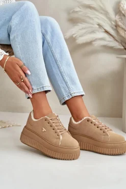Damskie Boto Sneakersy Damskie Ocieplane Na Masywnej Podeszwie Ze Złotym Detalem Brązowe Lotira